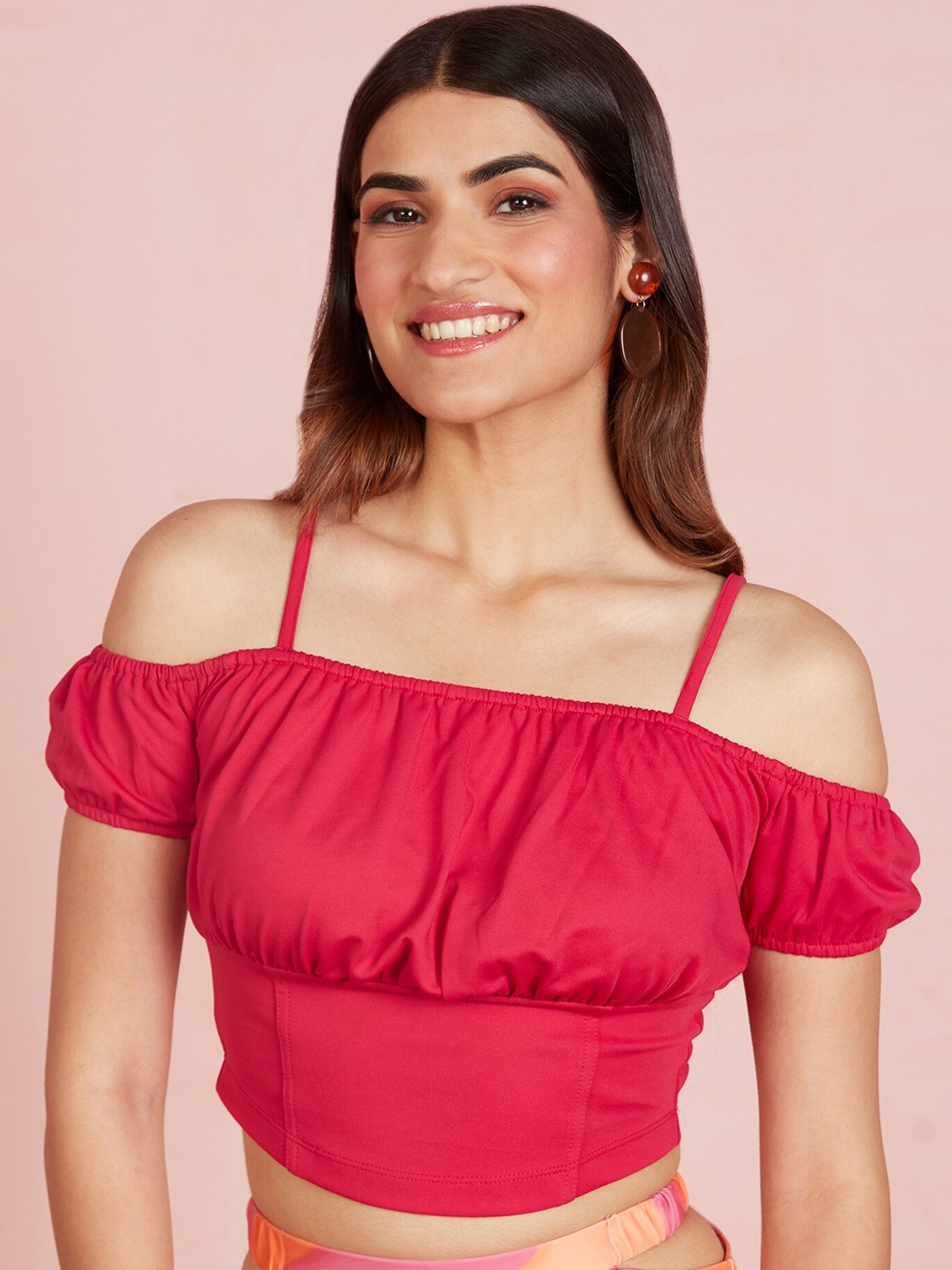 

20Dresses Pink Cold-Shoulder Sleeves Bardot Crop Top