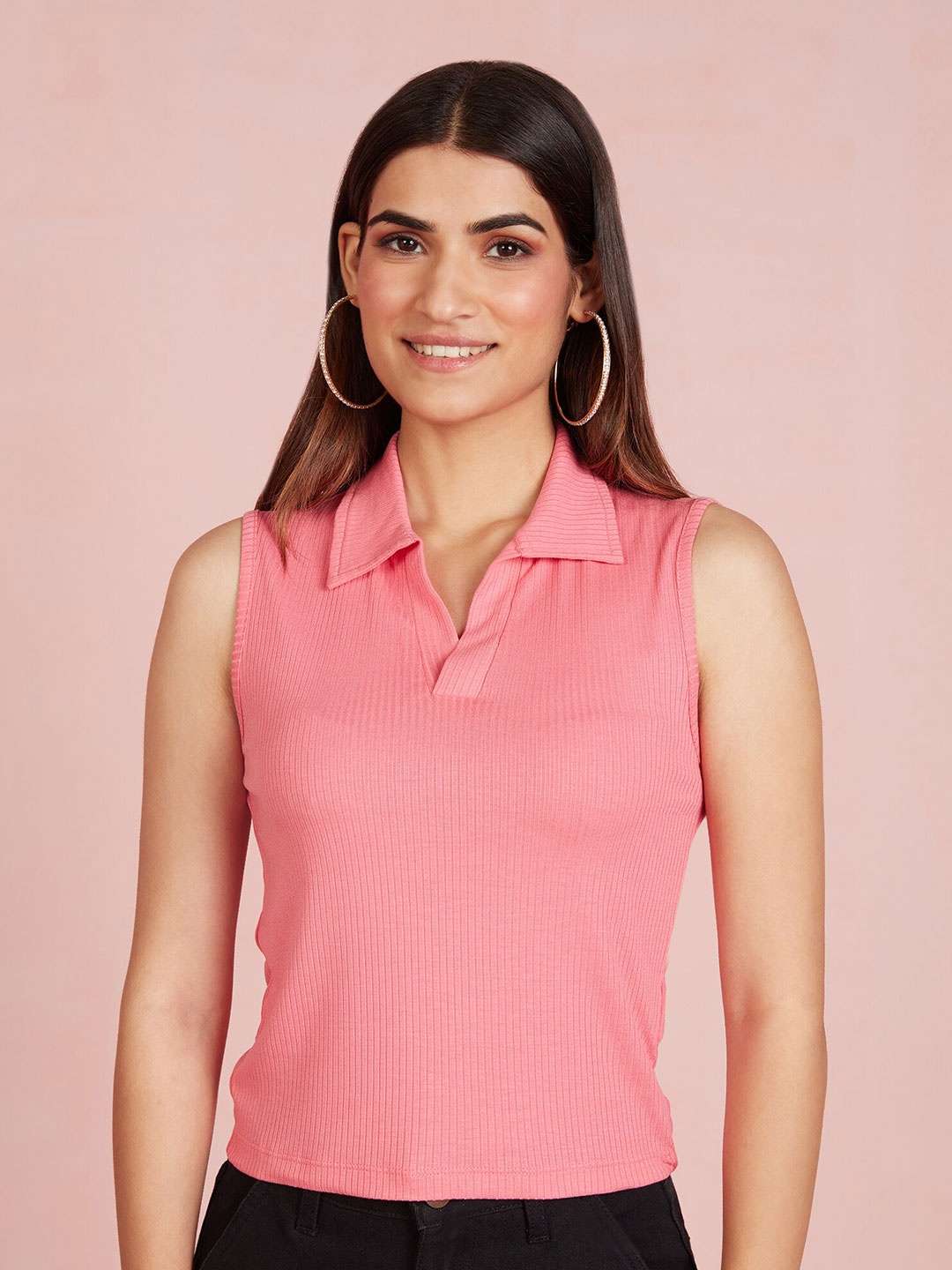 

20Dresses Pink Shirt Collar Sleeveless Ribbed Top