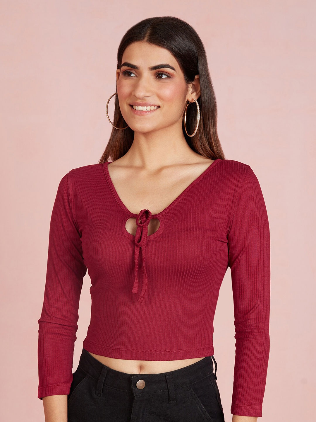 

20Dresses Burgundy V-Neck Tie-Ups Ribbed Crop Top