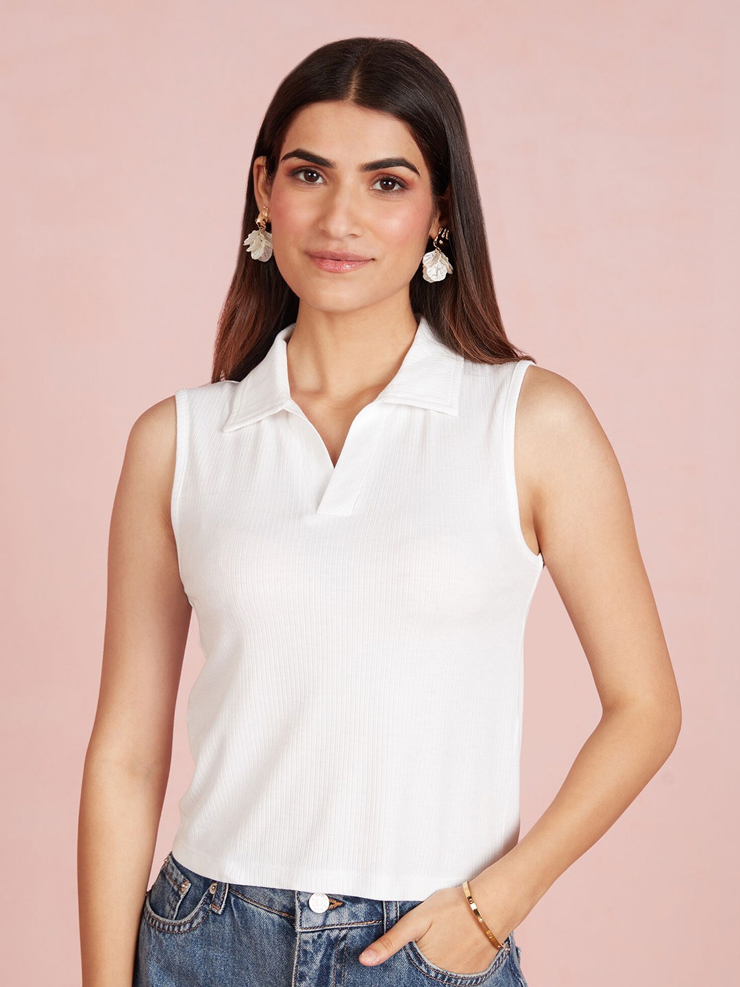 

20Dresses White Shirt Collar Sleeveless Ribbed Top