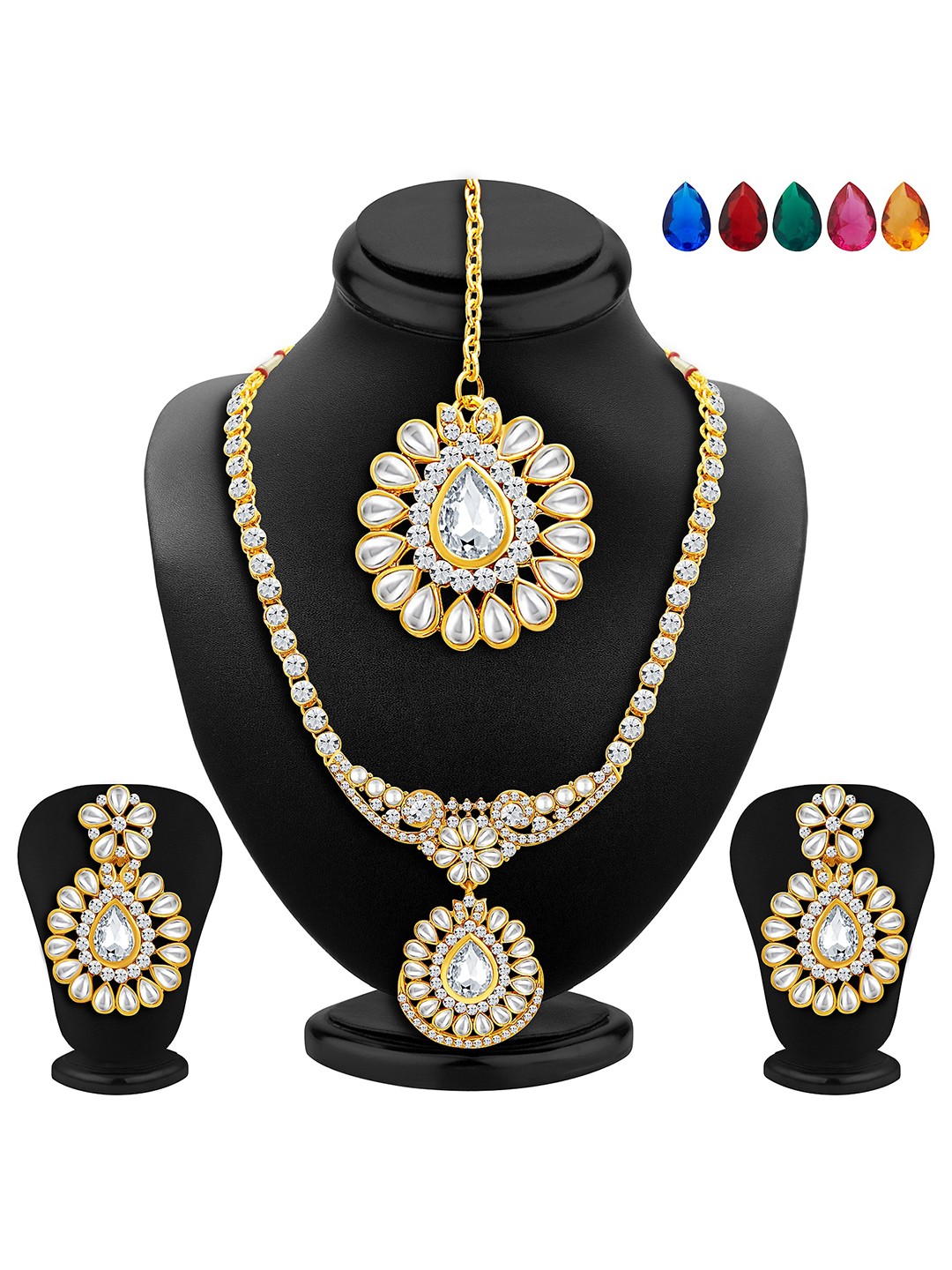 

Sukkhi Gold-Plated Stone-Studded Necklace and Earrings with Maang Tika