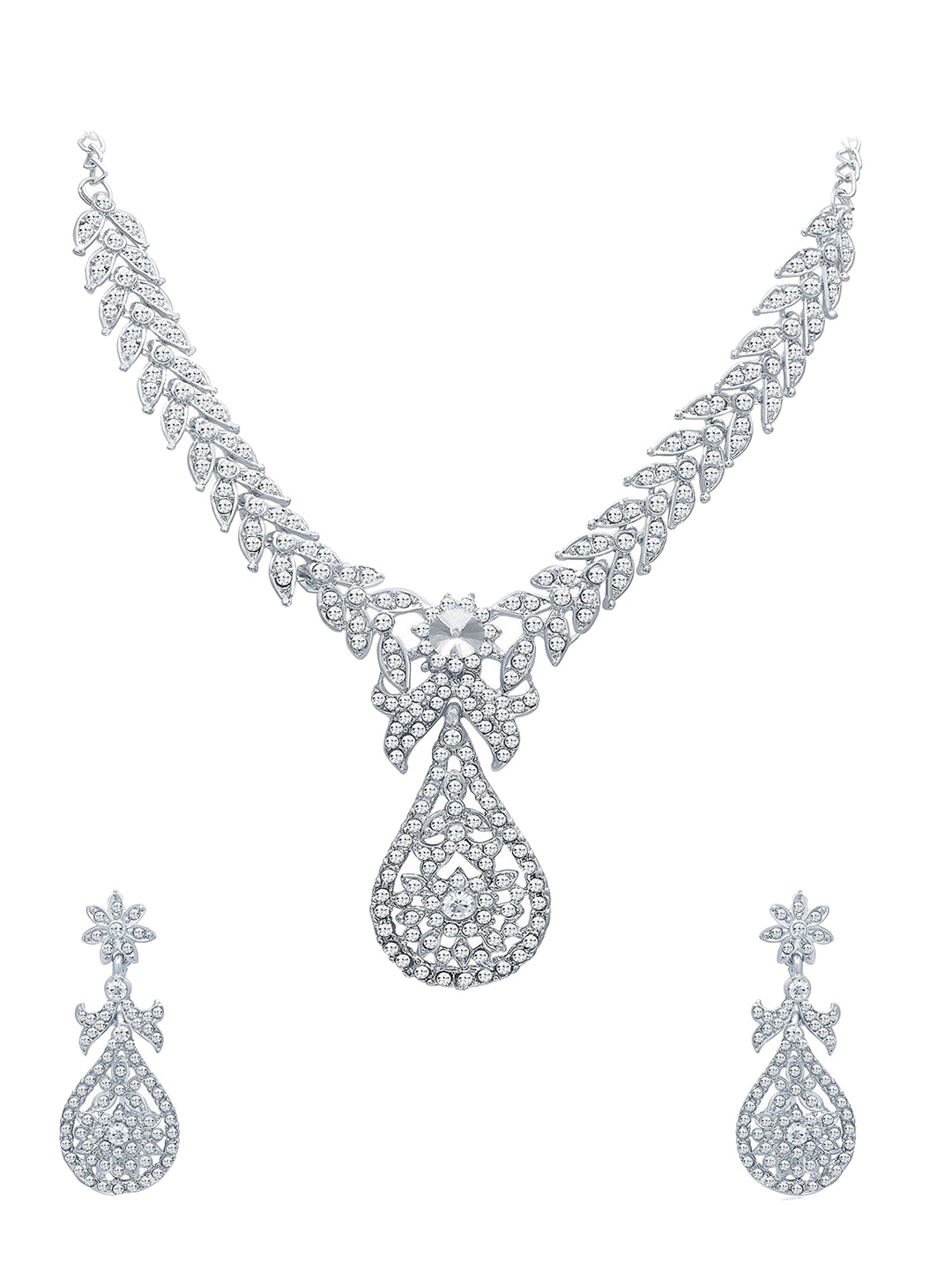 

Sukkhi Rhodium-Plated AD Stone-Studded Necklace & Earrings, Silver