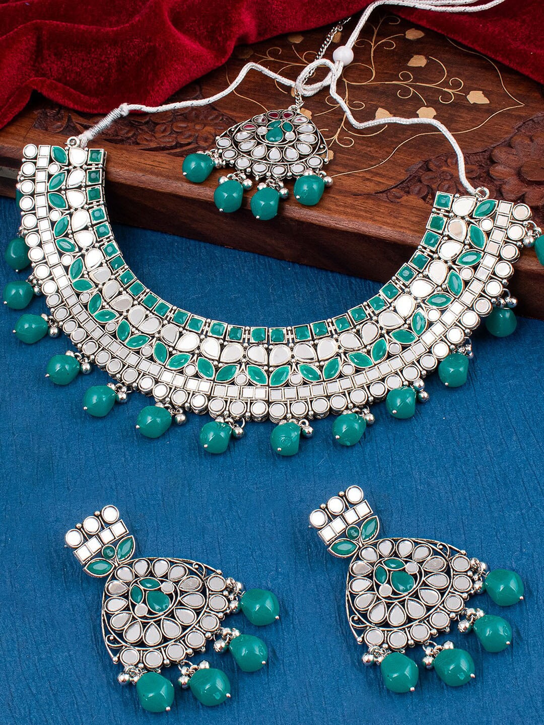 

Sukkhi Rhodium-Plated Stone-Studded & Beaded Jewellery Set, Turquoise blue