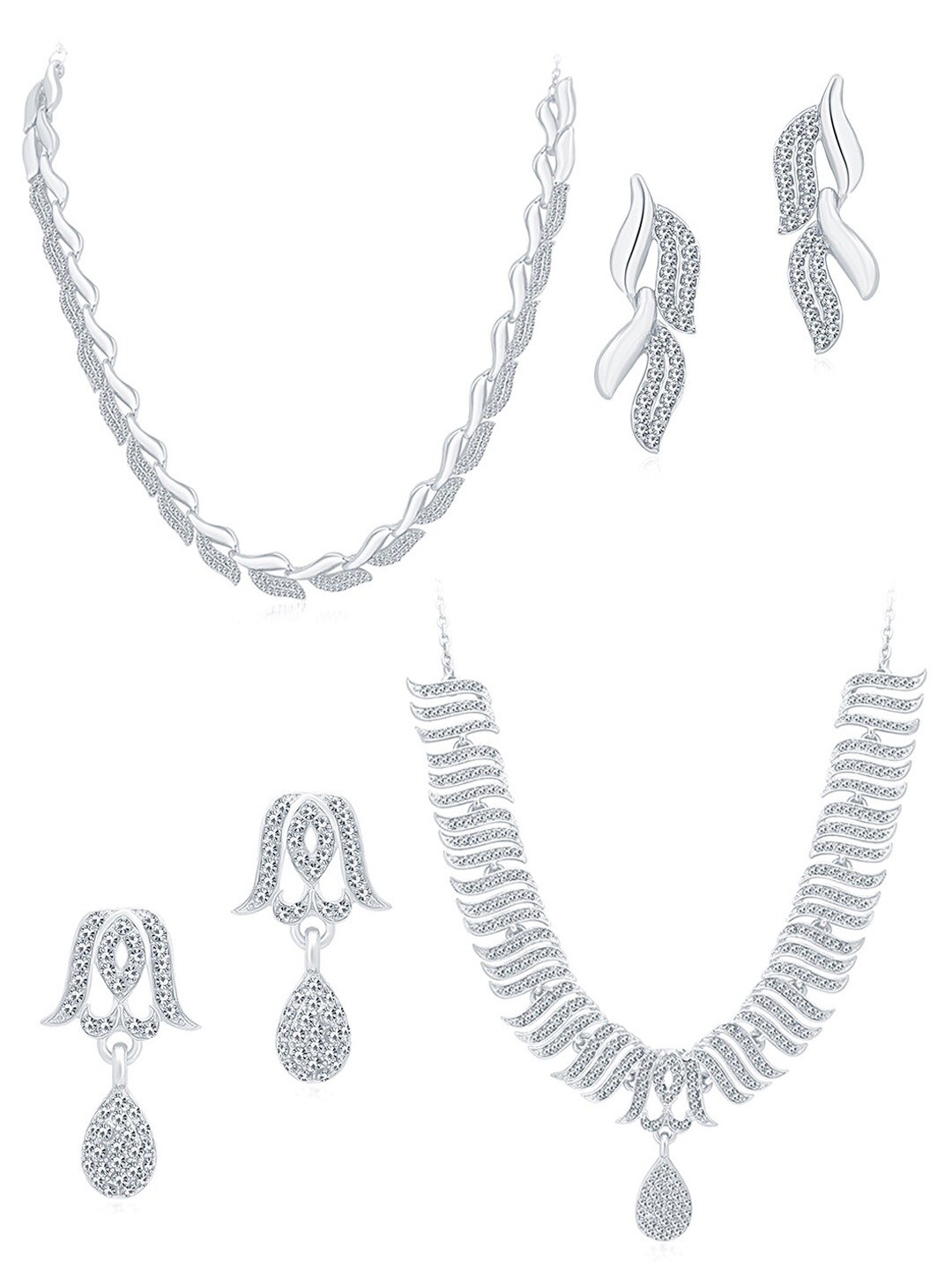 

Sukkhi Set Of 2 Rhodium-Plated AD Stone-Studded Jewellery Set, Silver