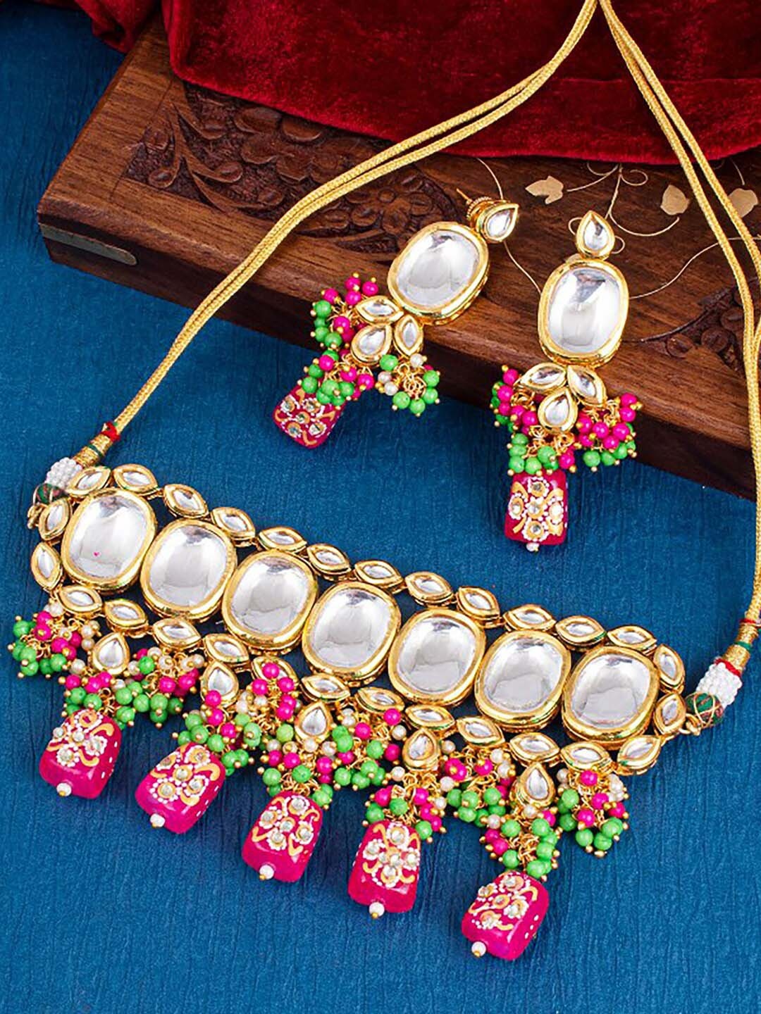 

Sukkhi Gold-Plated Kundan-Studded & Beaded Necklace and Earrings