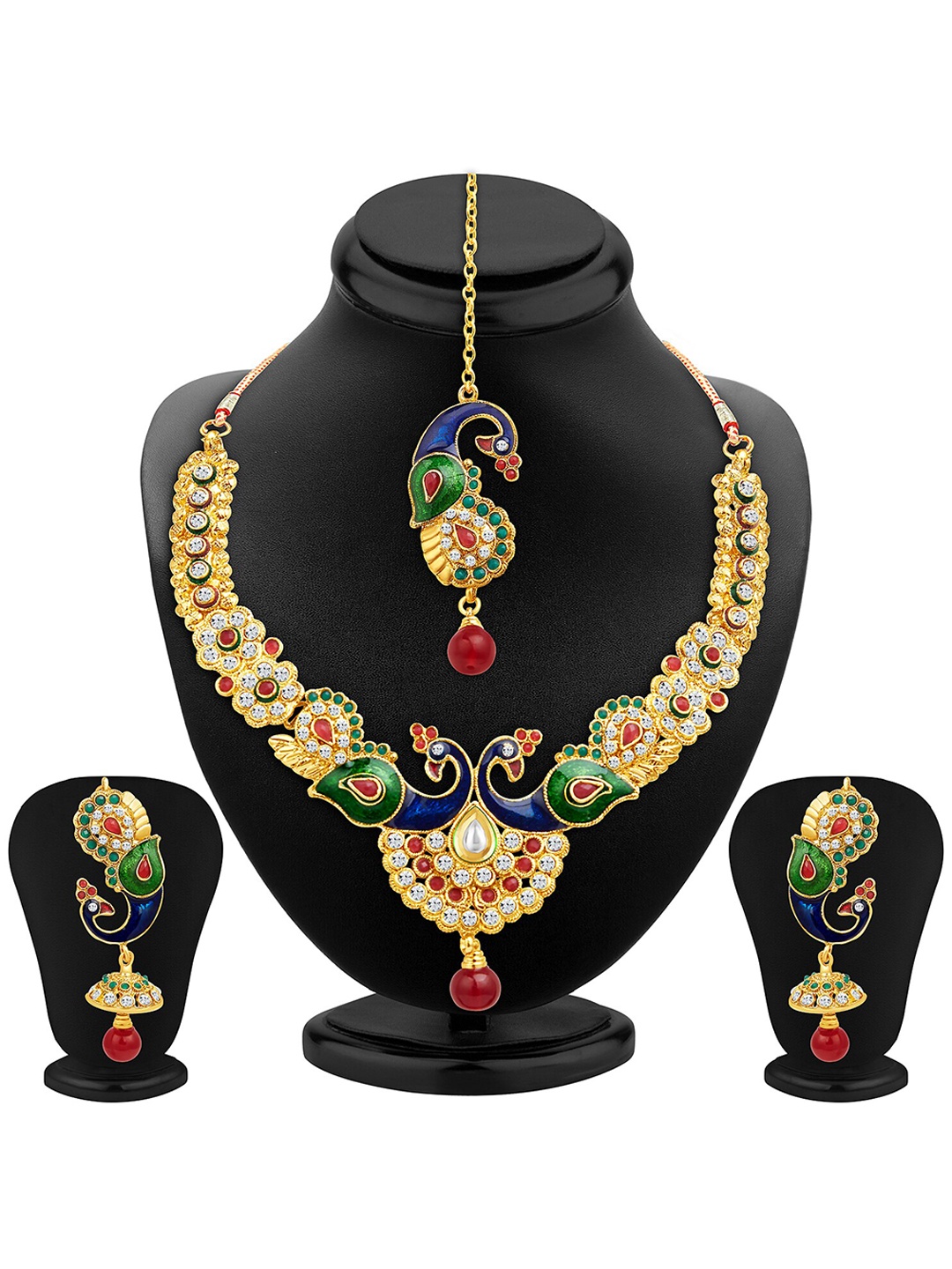 

Sukkhi Gold-Plated Stone-Studded Necklace and Earrings With Maang Tika Jewellery Set