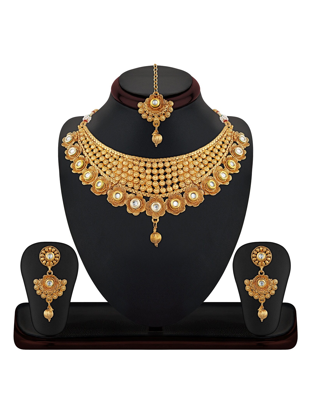 

Sukkhi Gold-Plated Kundan Studded & Beaded Necklace and Earrings with Maang Tika