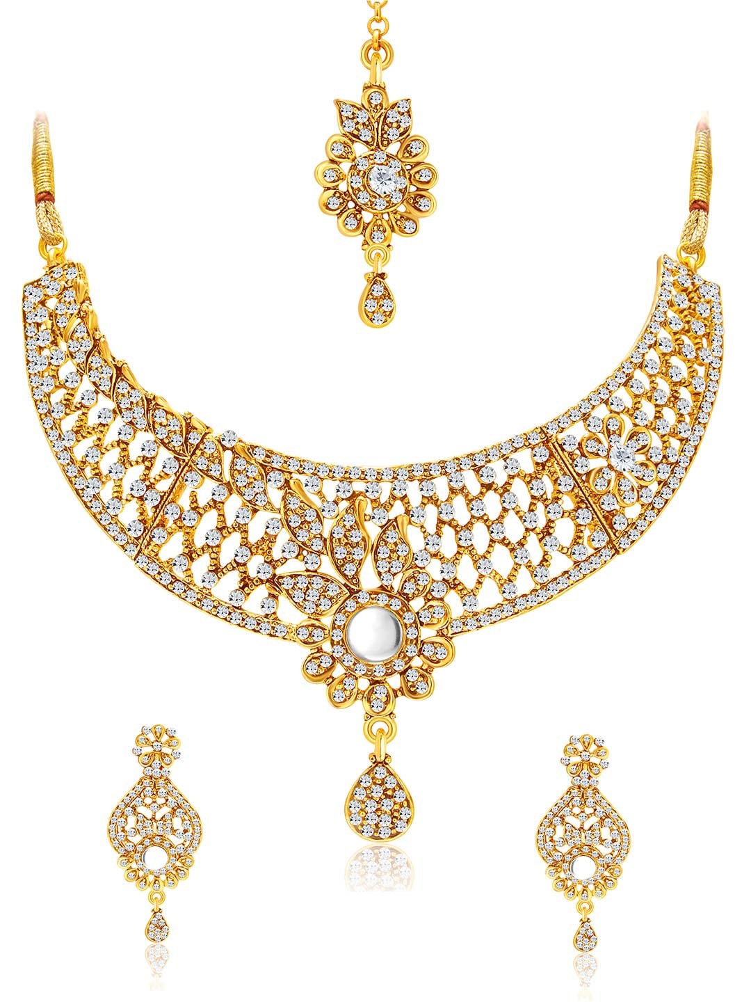 

Sukkhi Gold-Plated Stone-Studded Necklace and Earrings With Maang Tika Jewellery Set