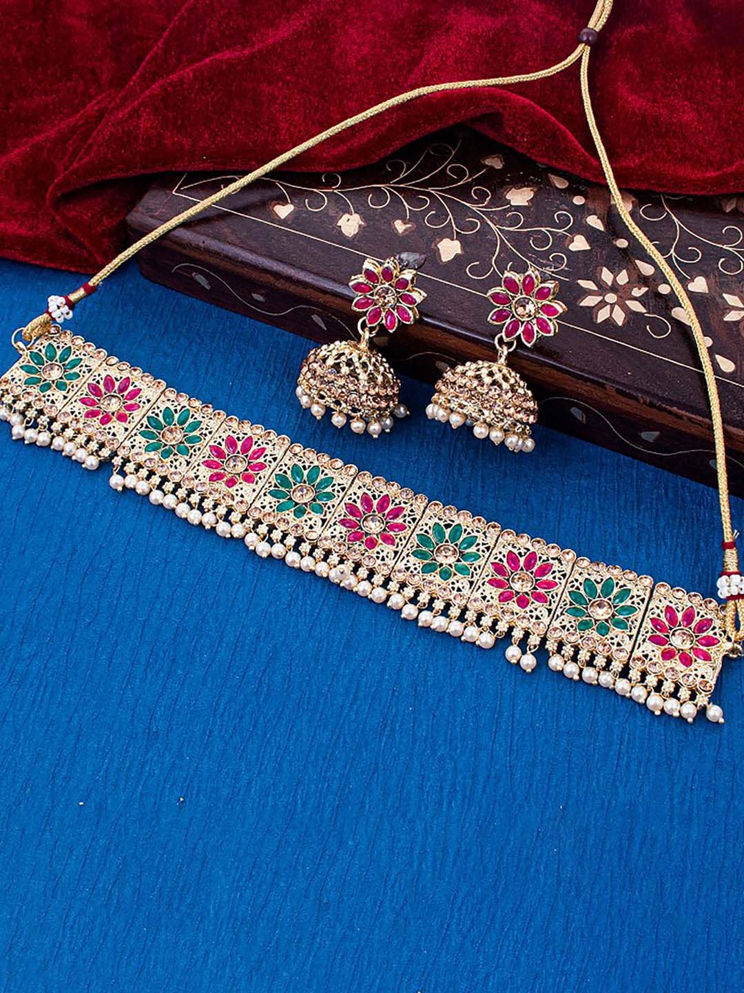 

Sukkhi Gold-Plated Stone Studded & Beaded Choker Necklace and Earrings