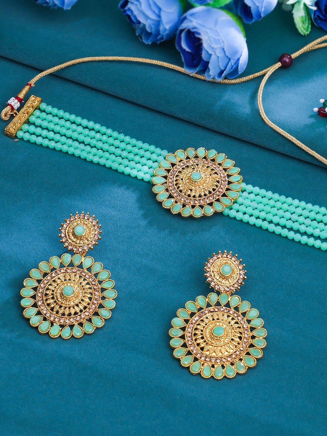 

Sukkhi Gold-Plated Stone Studded & Beaded Choker Necklace and Earrings