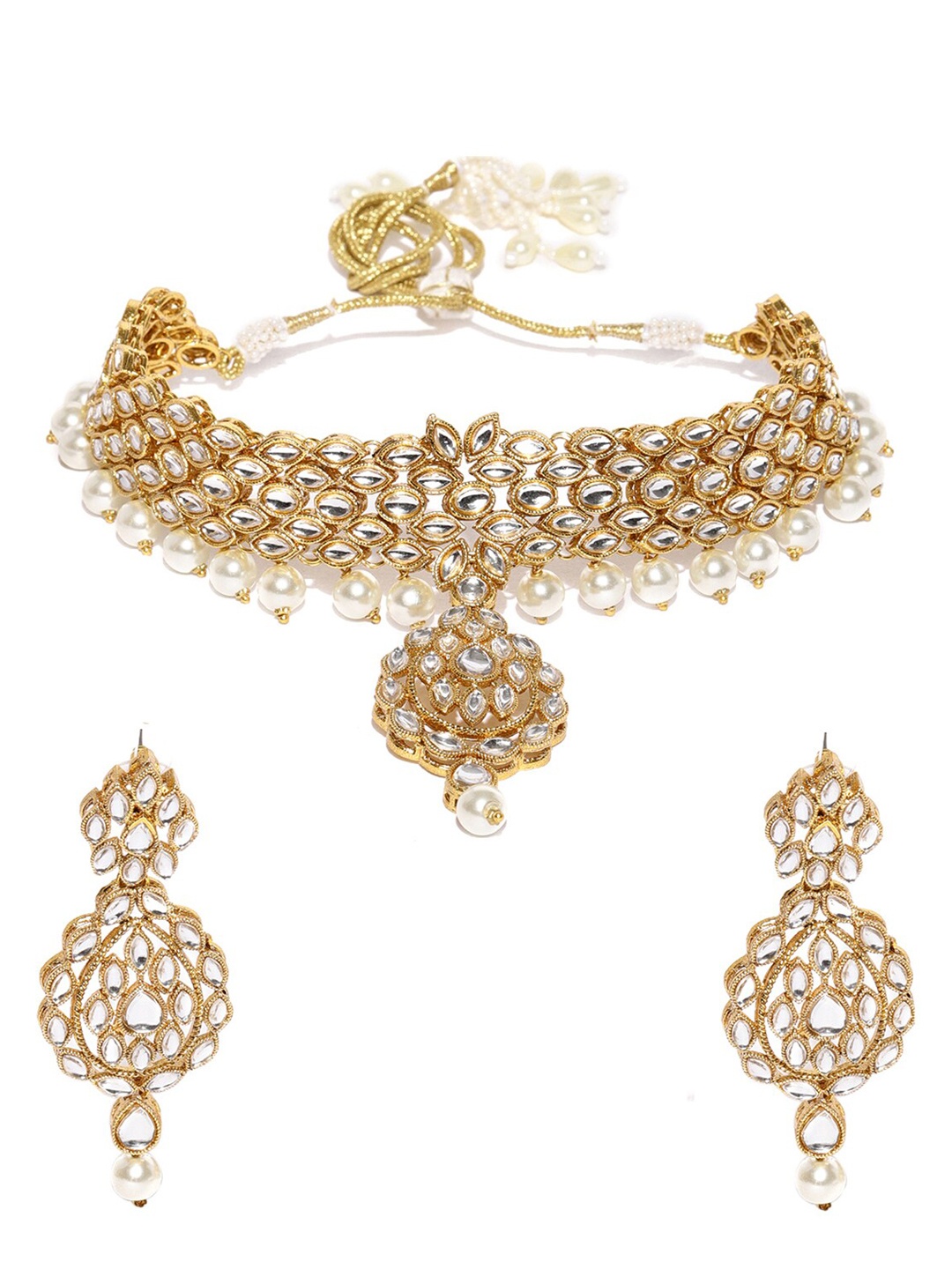 

Sukkhi Gold-Plated Kundan Studded & Beaded Necklace and Earrings with Maang Tika