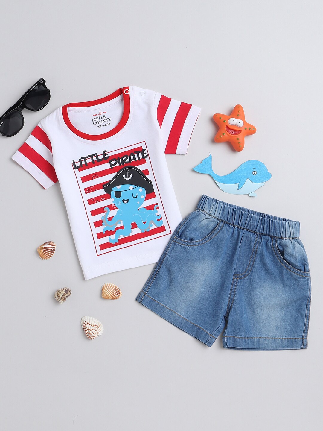 

Little County Boys Printed Pure Cotton T-shirt with Shorts, White