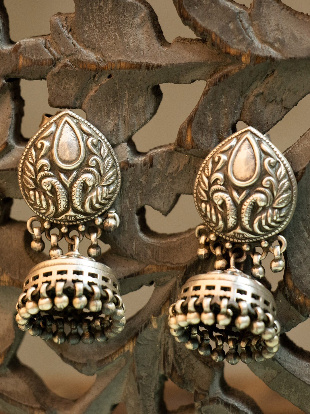 

Shyle 925 Sterling Silver-Plated Peacock Shaped Jhumkas