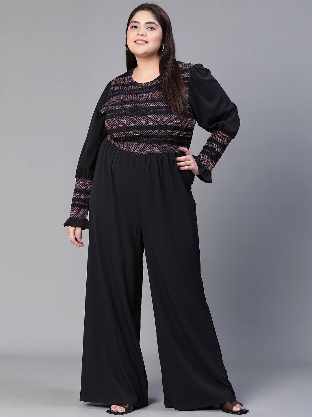 

Oxolloxo Plus Size Round Neck Smocked Basic Jumpsuit, Black