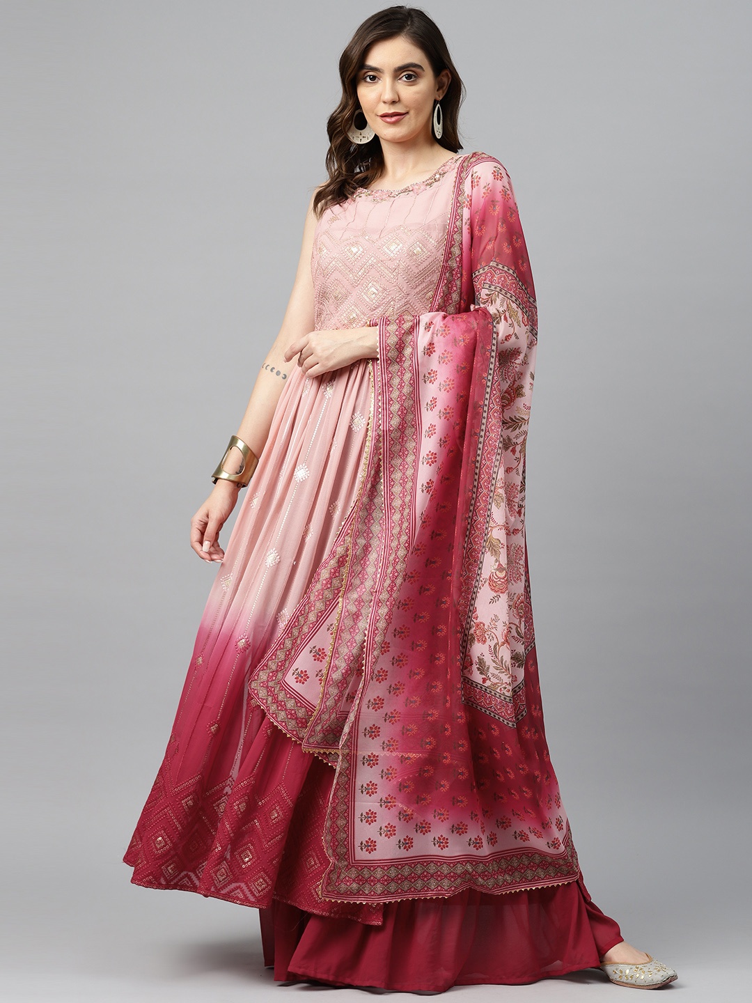 

Readiprint Fashions Women Embroidered Sequinned Kurta with Sharara & Dupatta, Peach