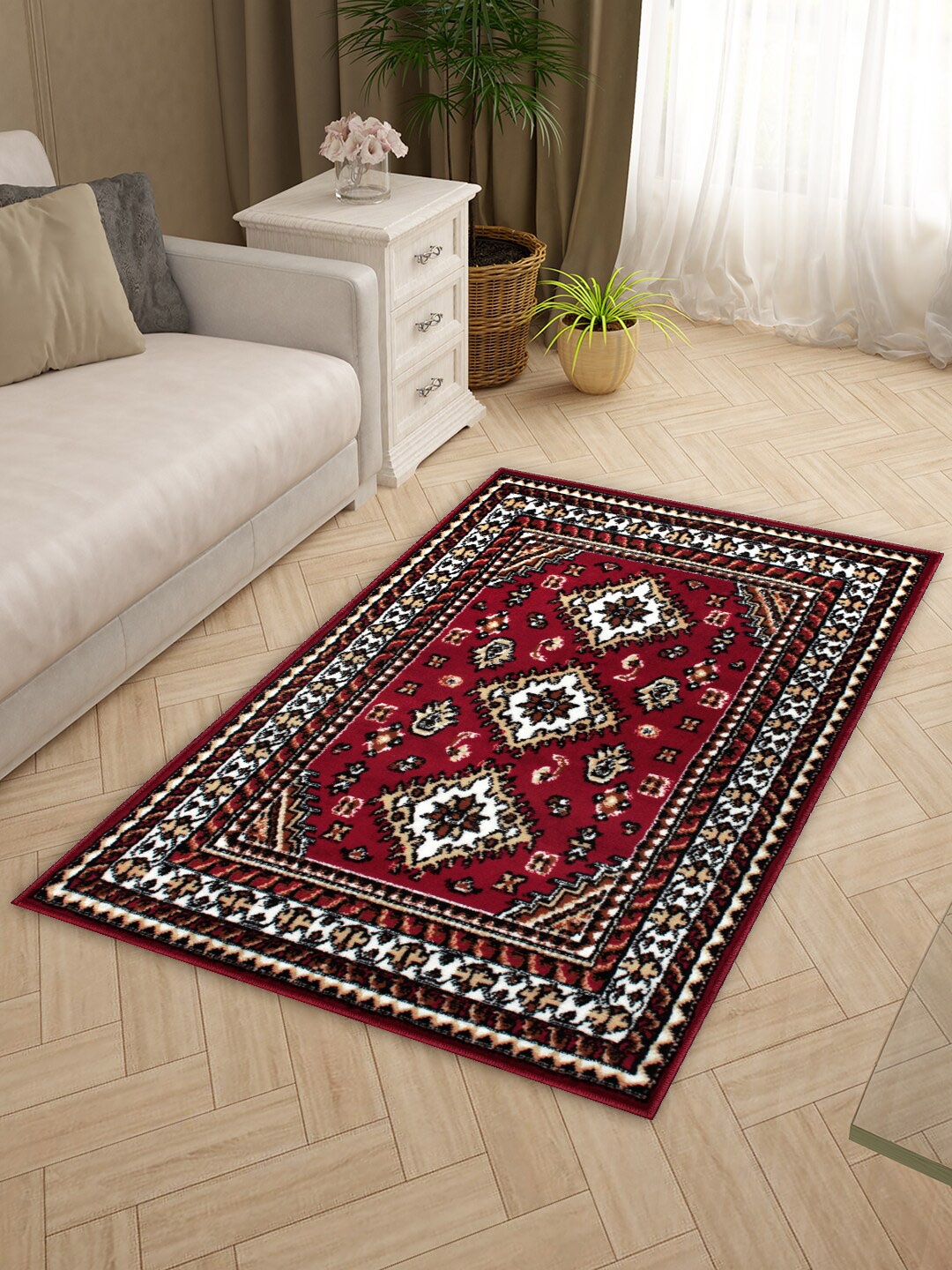 

Story@home Red & White Ethnic Motif Printed Rectangular Anti-Skid Floor Carpet