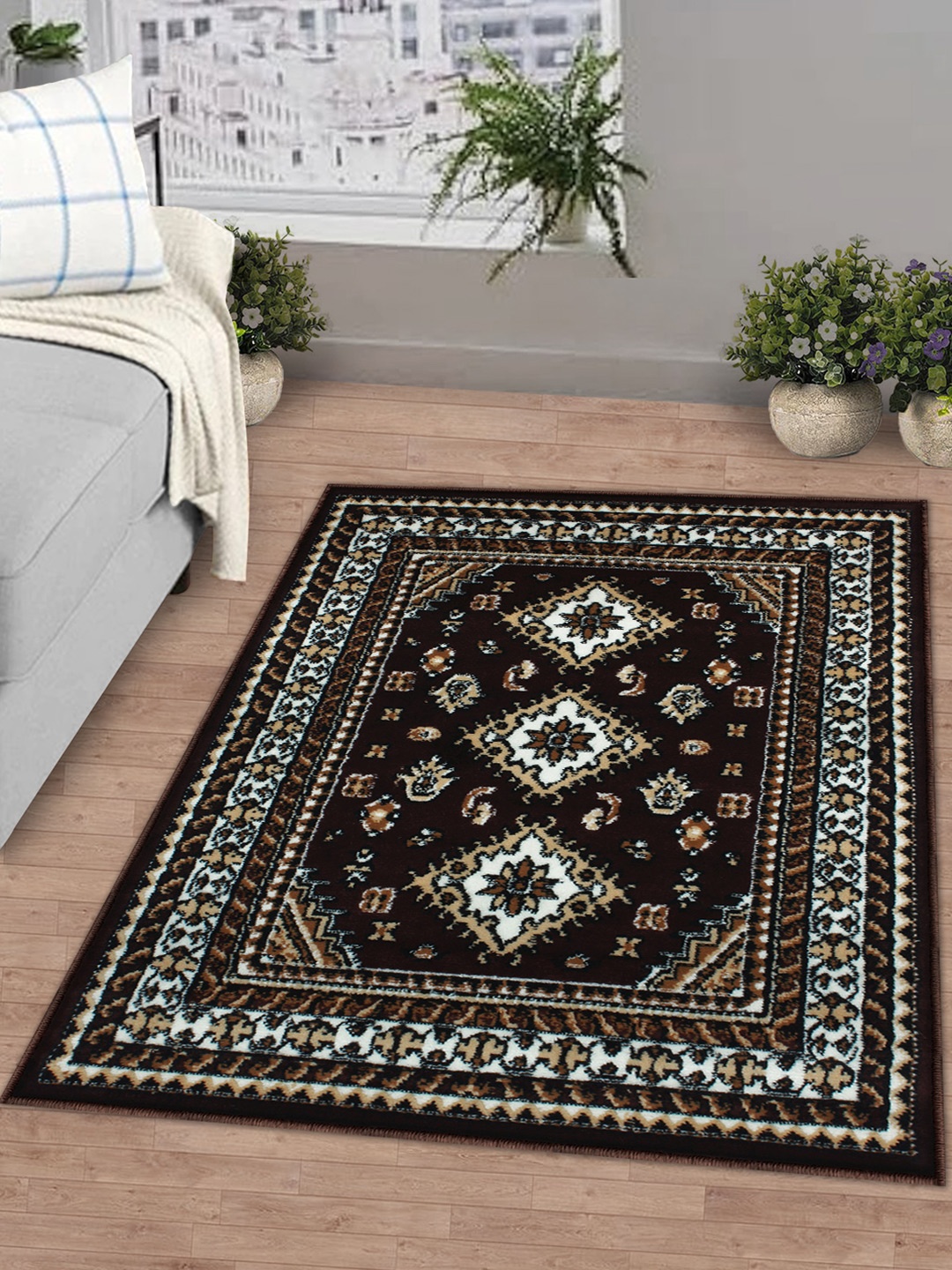 Story@home Brown & White Printed Anti-Skid Rectangular Floor Carpet