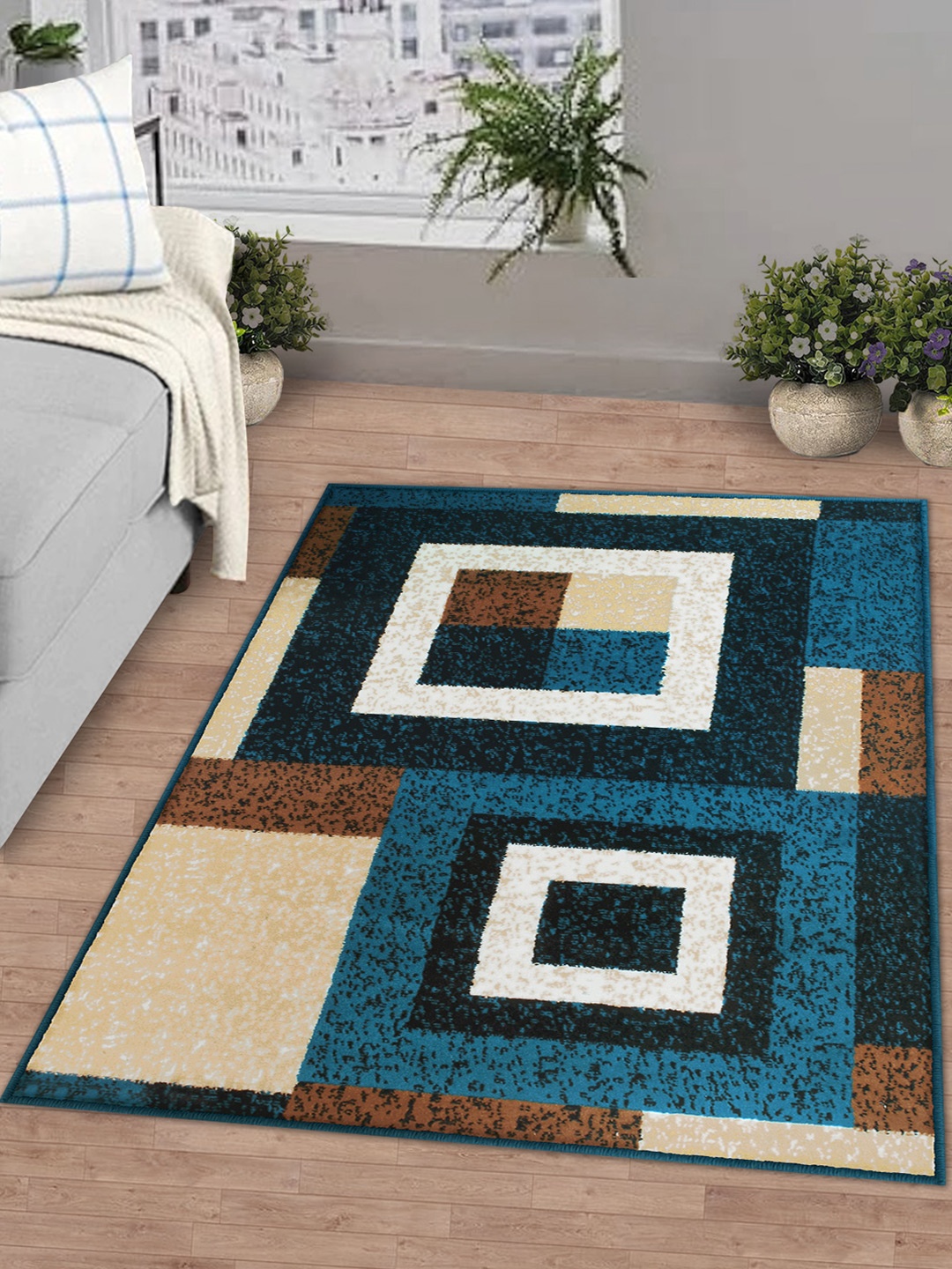 Story@home Blue & Brown Geometric Printed Anti-skid Floor Carpet