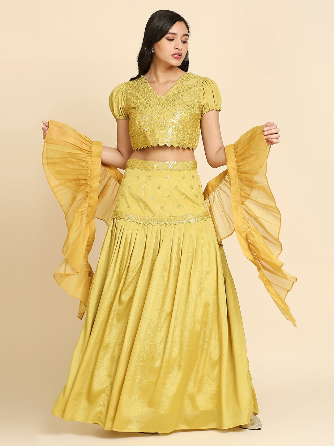 

MADHURAM Embellished Sequinned Ready to Wear Lehenga & Blouse With Dupatta, Yellow