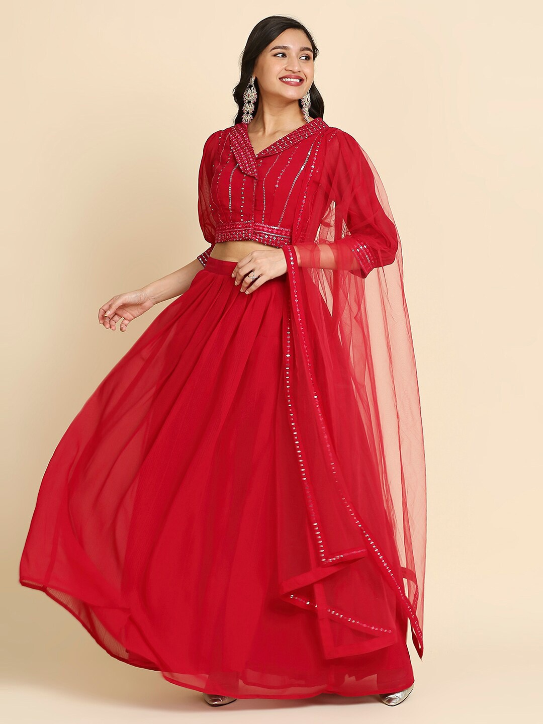 

MADHURAM Embroidered Ready to Wear Lehenga & Blouse With Dupatta, Red