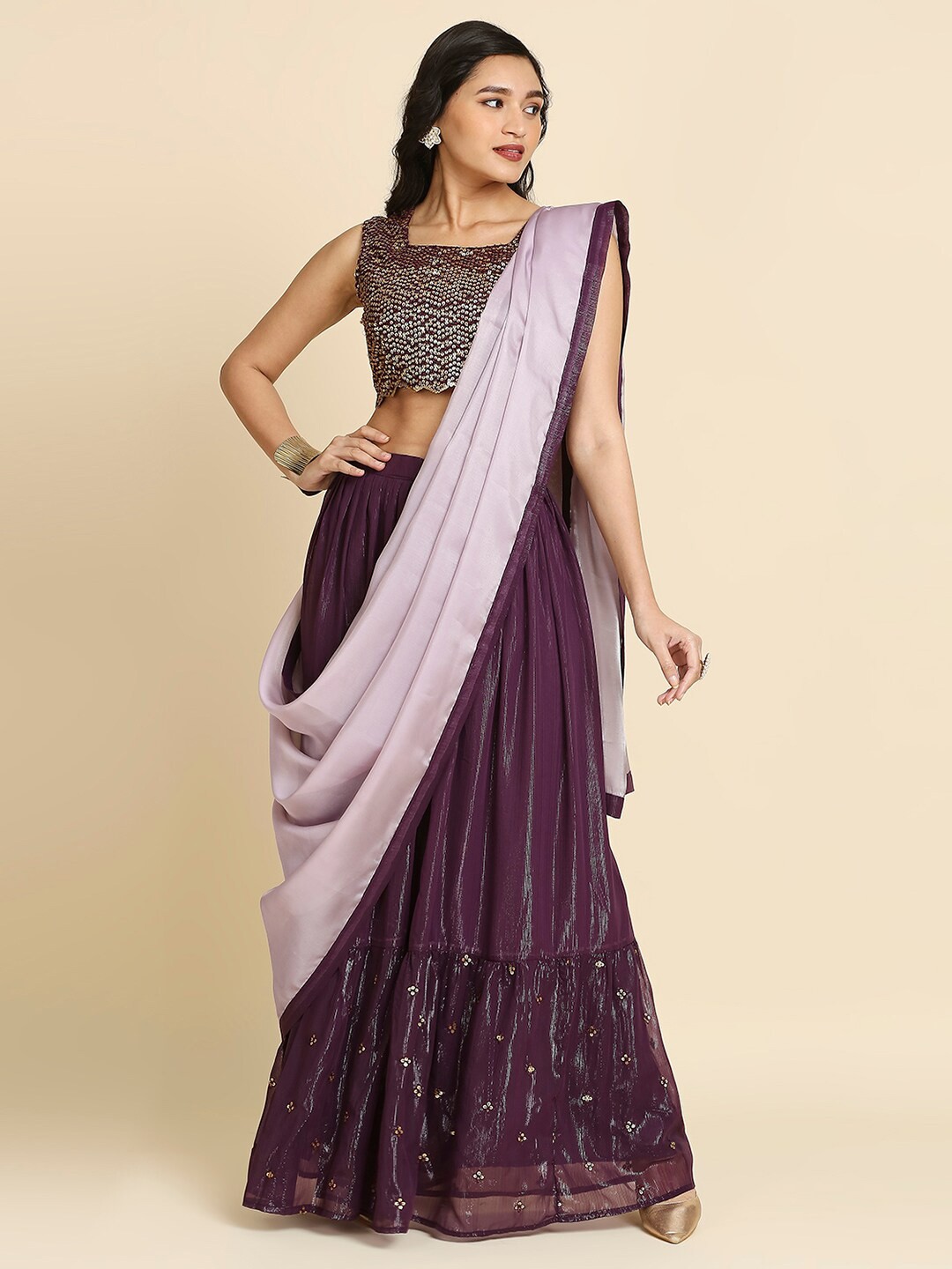 

MADHURAM Embellished Organza Ready to Wear Lehenga & Blouse With Dupatta, Purple