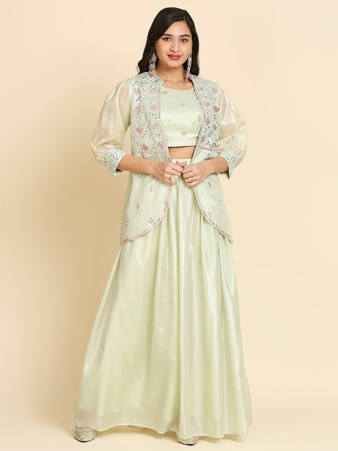 

MADHURAM Embroidered Organza Ready to Wear Lehenga Set, Sea green