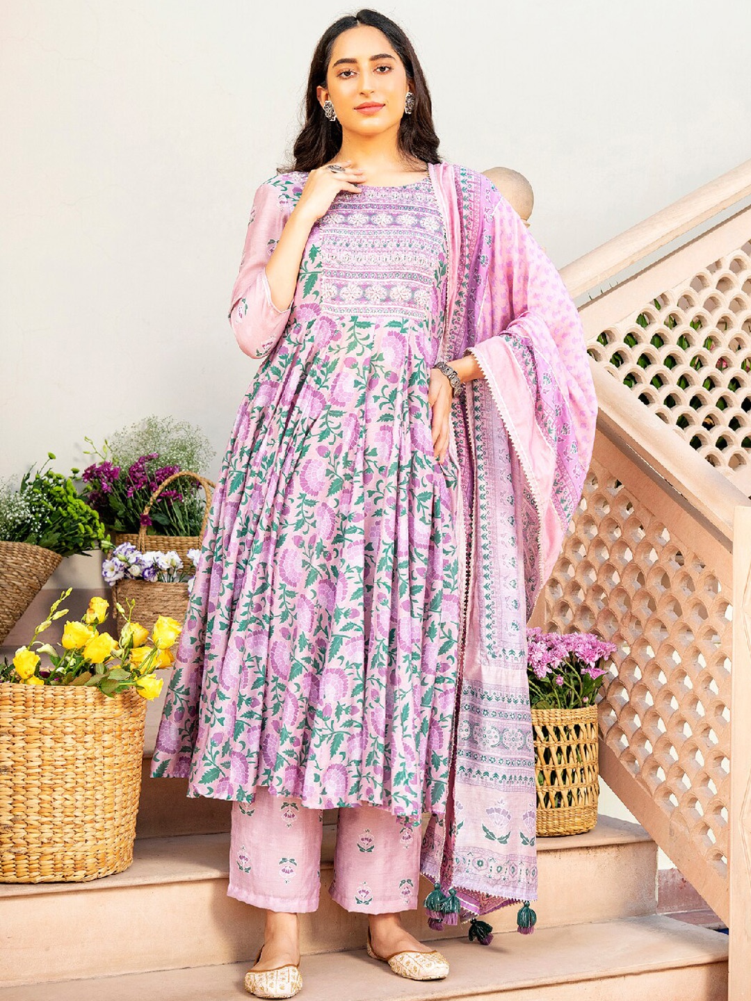 

EverBloom Printed Gotta Patti Chanderi Silk Kurta with Trousers & Dupatta, Lavender