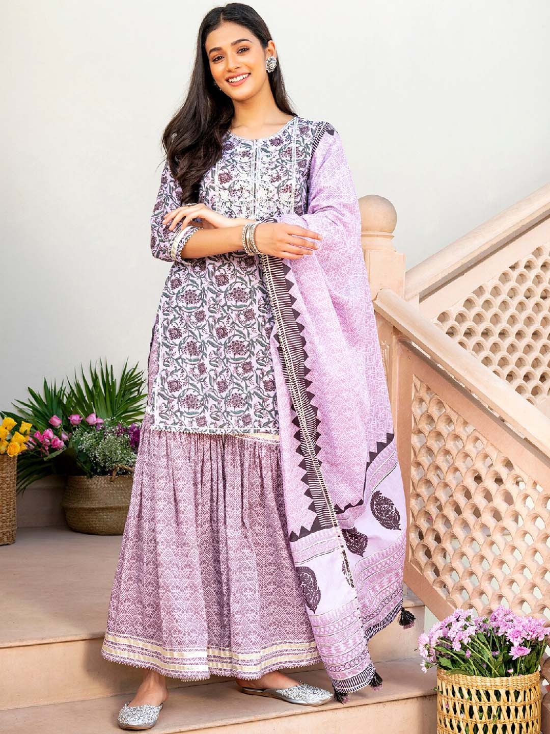 

EverBloom Floral Printed Gotta Patti Pure Cotton Kurta with Sharara & Dupatta, Purple