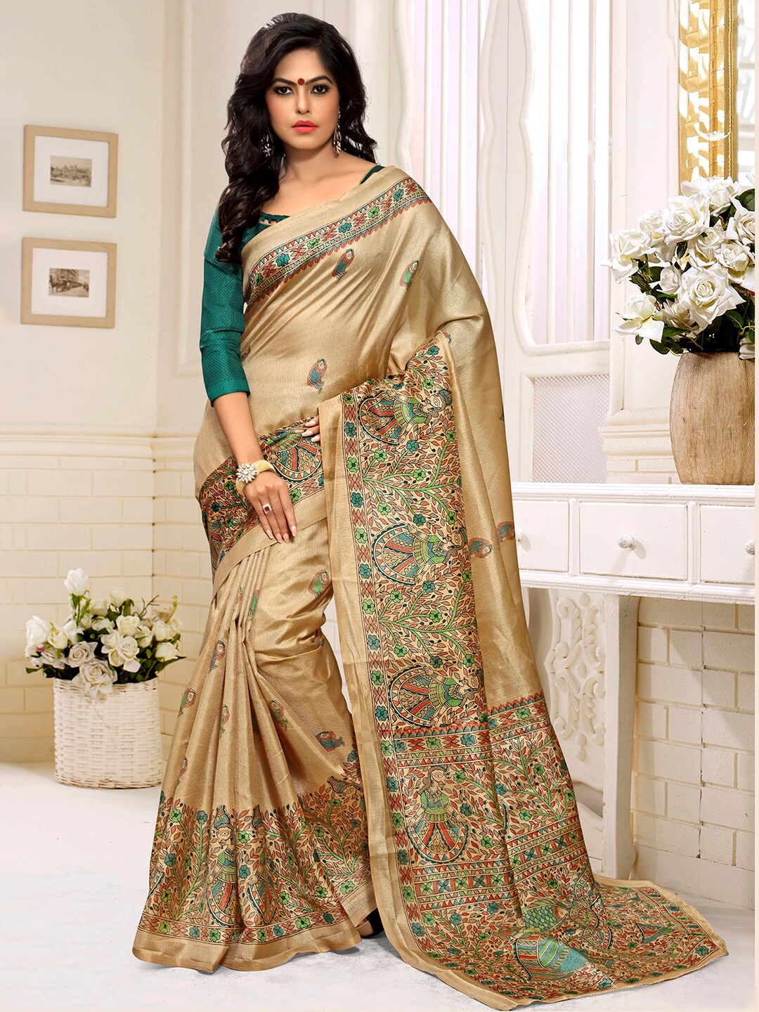 

KALINI Kalamkari Printed Tussar Saree, Cream