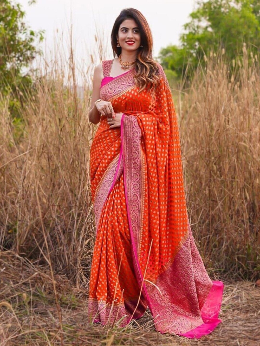 

KALINI Ethnic Motif Woven Design Zari Banarasi Saree, Orange
