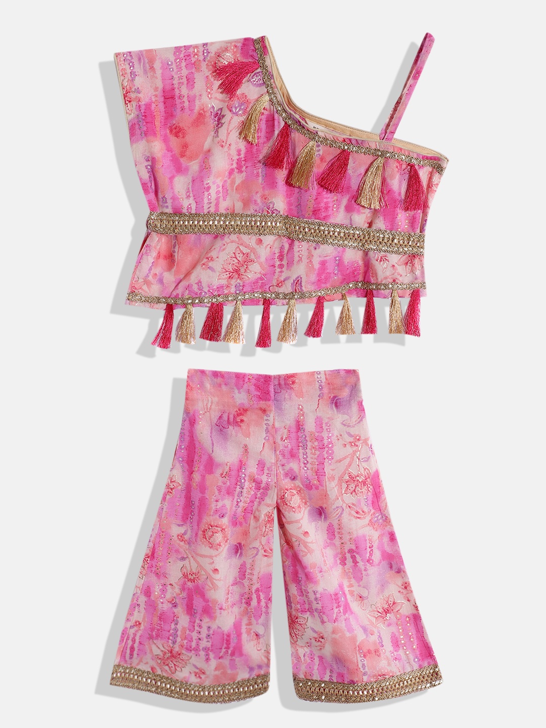 

Readiprint Girls Pink Floral Printed Regular Gotta Patti Pure Cotton Top with Palazzos