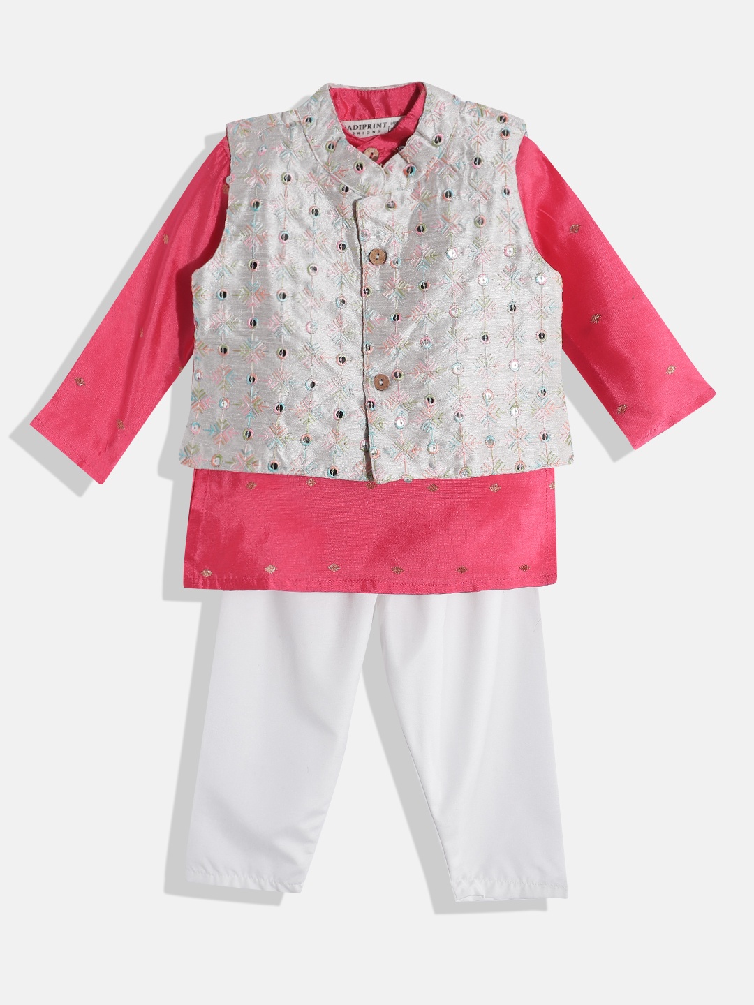 

Readiprint Boys Embroidered Pure Silk Kurta & Pyjamas with Nehru Jacket, Pink