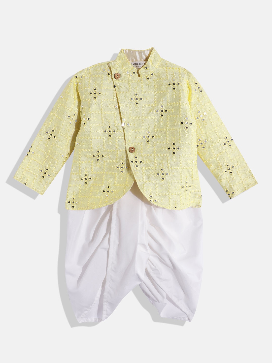 

Readiprint Fashions Boys Embroidered Mirror Work Pure Silk Kurta with Dhoti, Yellow