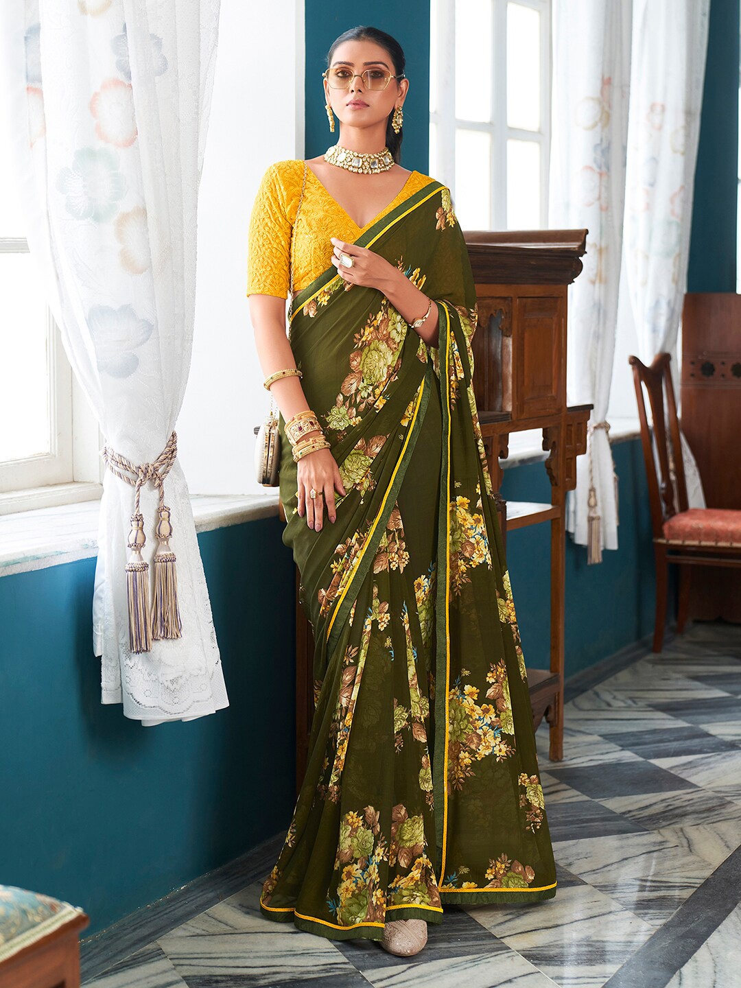 

Saree mall Olive Green & Yellow Floral Printed Pure Georgette Sarees