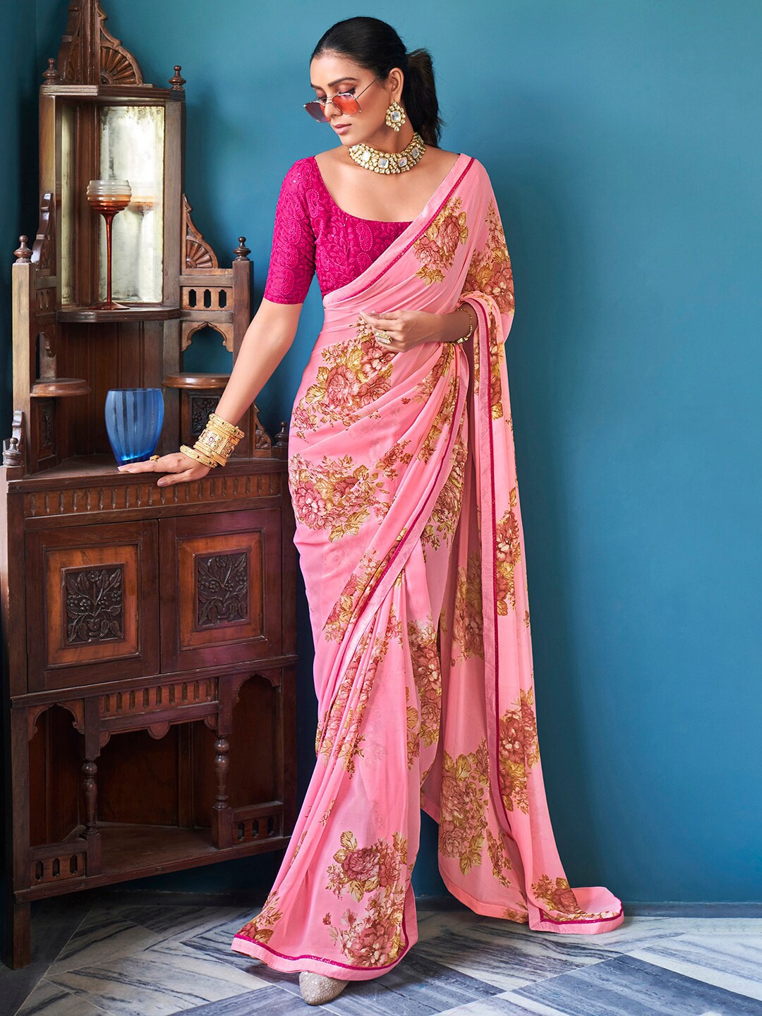 

Saree mall Pink & Mustard Yellow Floral Printed Pure Georgette Sarees