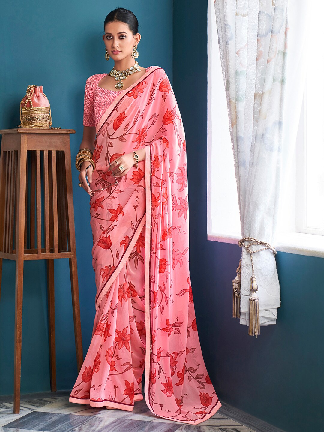 

Saree mall Pink & Red Embellished Floral Printed Pure Georgette Saree