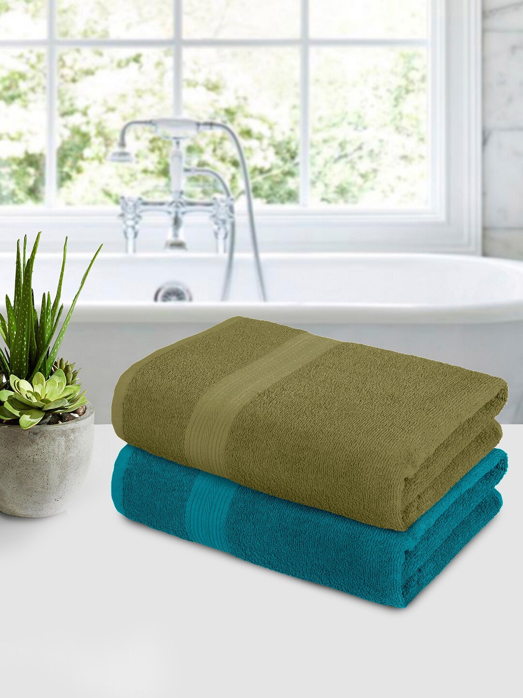 

Story@home Green and Teal-Blue 2 Pieces Self-Designed 350 GSM Bath Towels