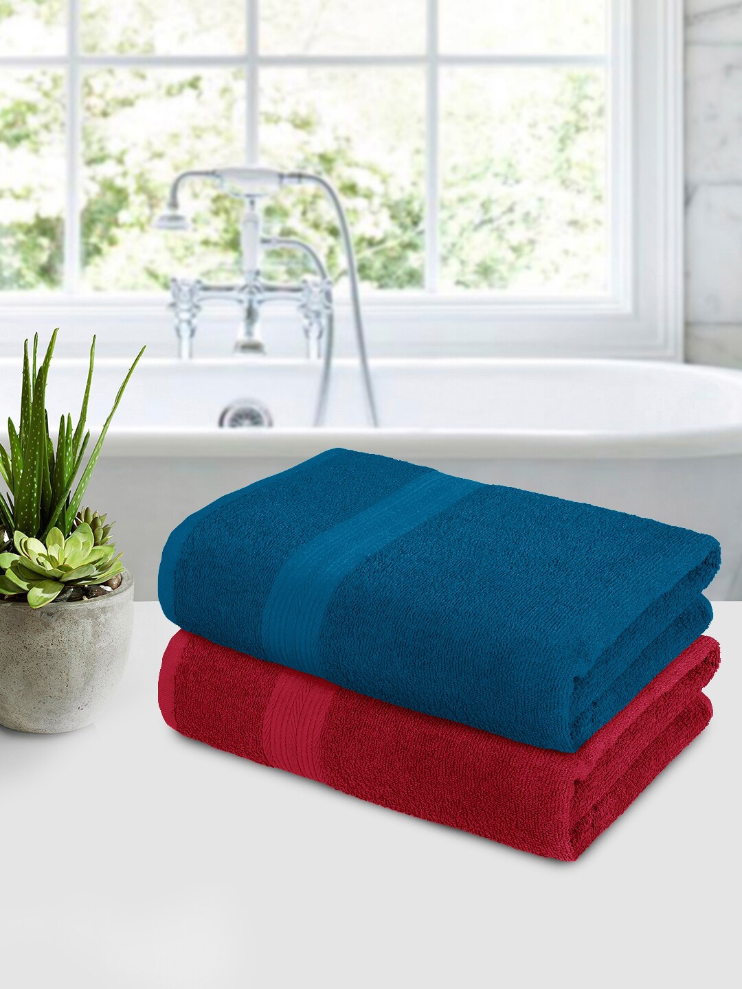 

Story@home Blue & Burgundy 2 Pieces Self-Design 350 GSM Bath Towels