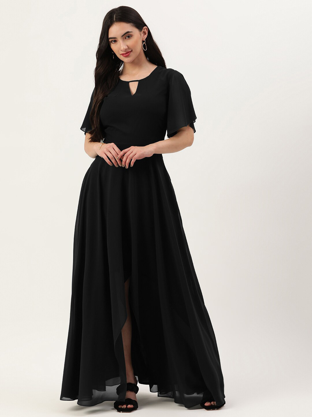 

TRENDY DIVVA Keyhole Neck Flared Sleeves Fit & Flare Maxi Dress, Black