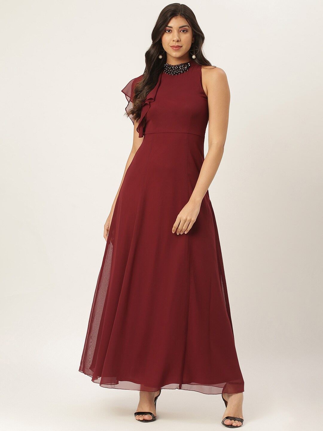 

TRENDY DIVVA Flared Sleeves Georgette Maxi Dress, Maroon