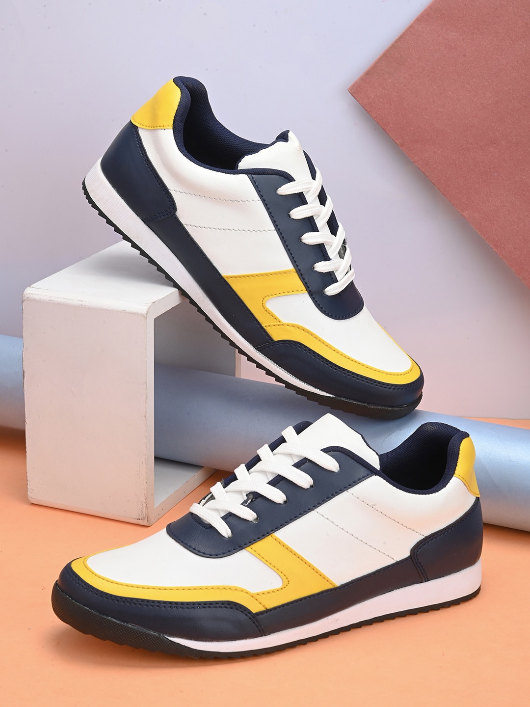 

Mast & Harbour Men Blue & Yellow Colourblocked Lace-Up Sneakers