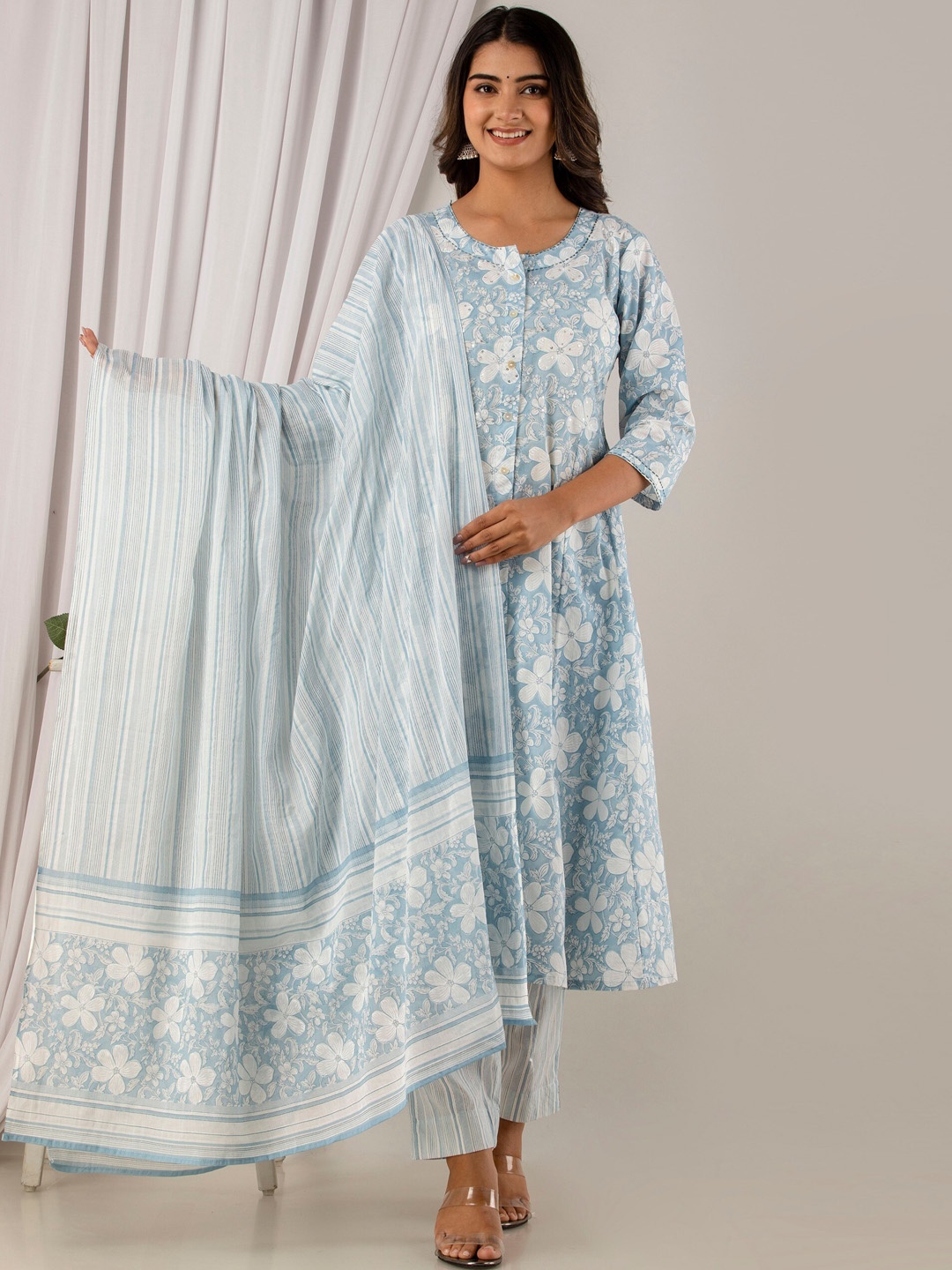 

Readiprint Fashions Printed Sequinned Pure Cotton Kurta with Palazzos & Dupatta, Blue