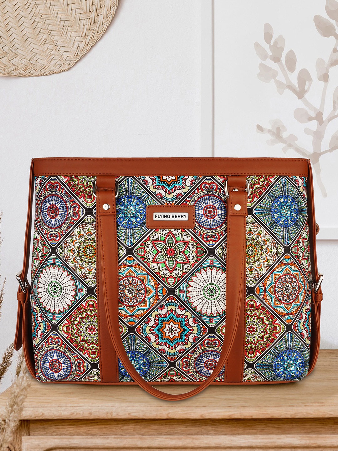 

FLYING BERRY Ethnic Motifs Printed Oversized Structured Shoulder Bag, Brown
