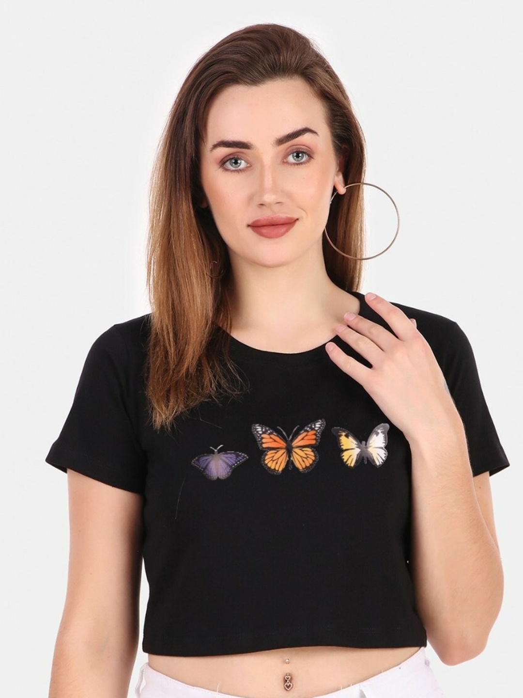 

TRENDY RABBIT Graphic Printed Cotton Crop Top, Black