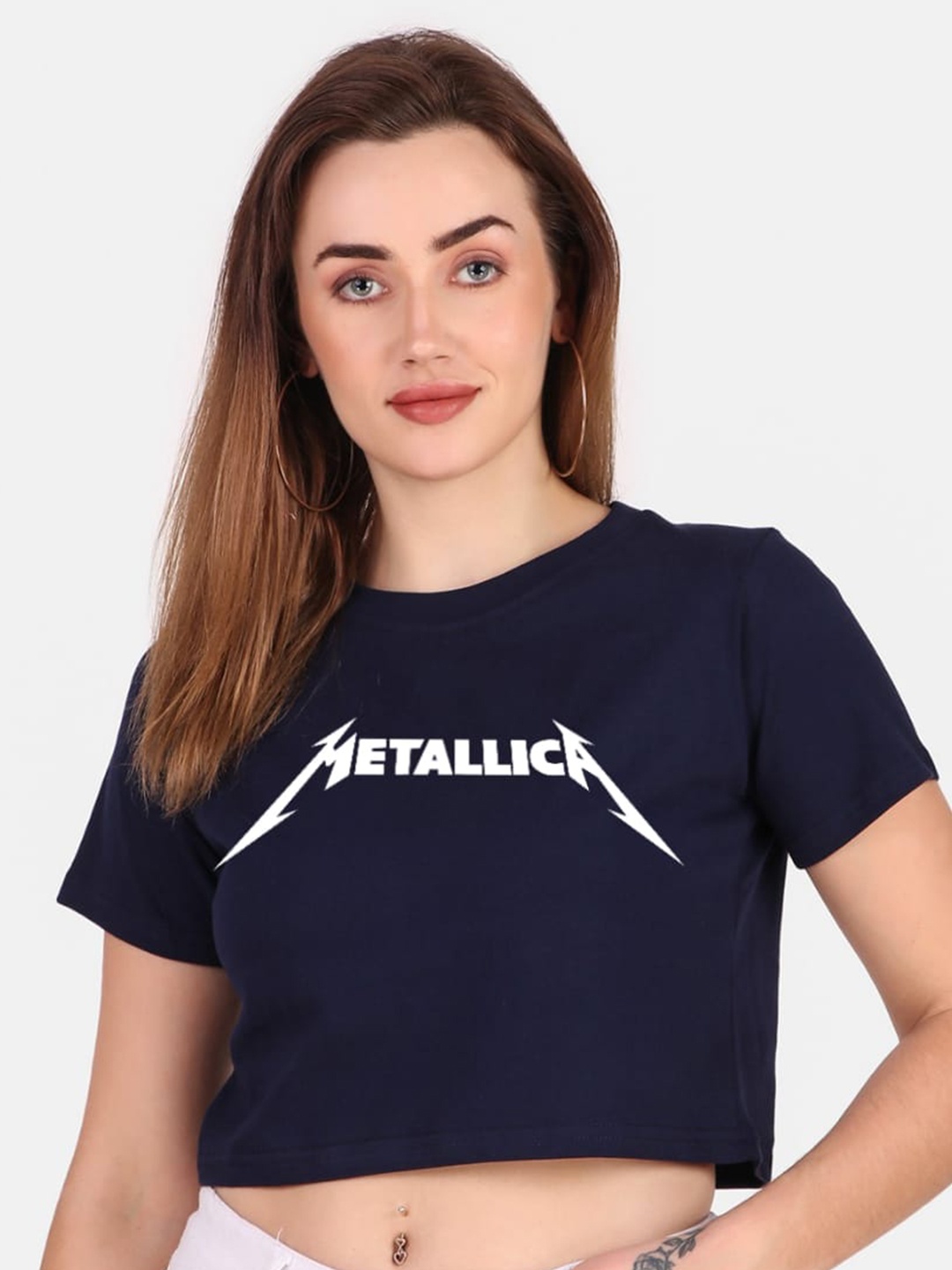 

TRENDY RABBIT Typography Printed Pure Cotton Crop T-Shirt, Navy blue