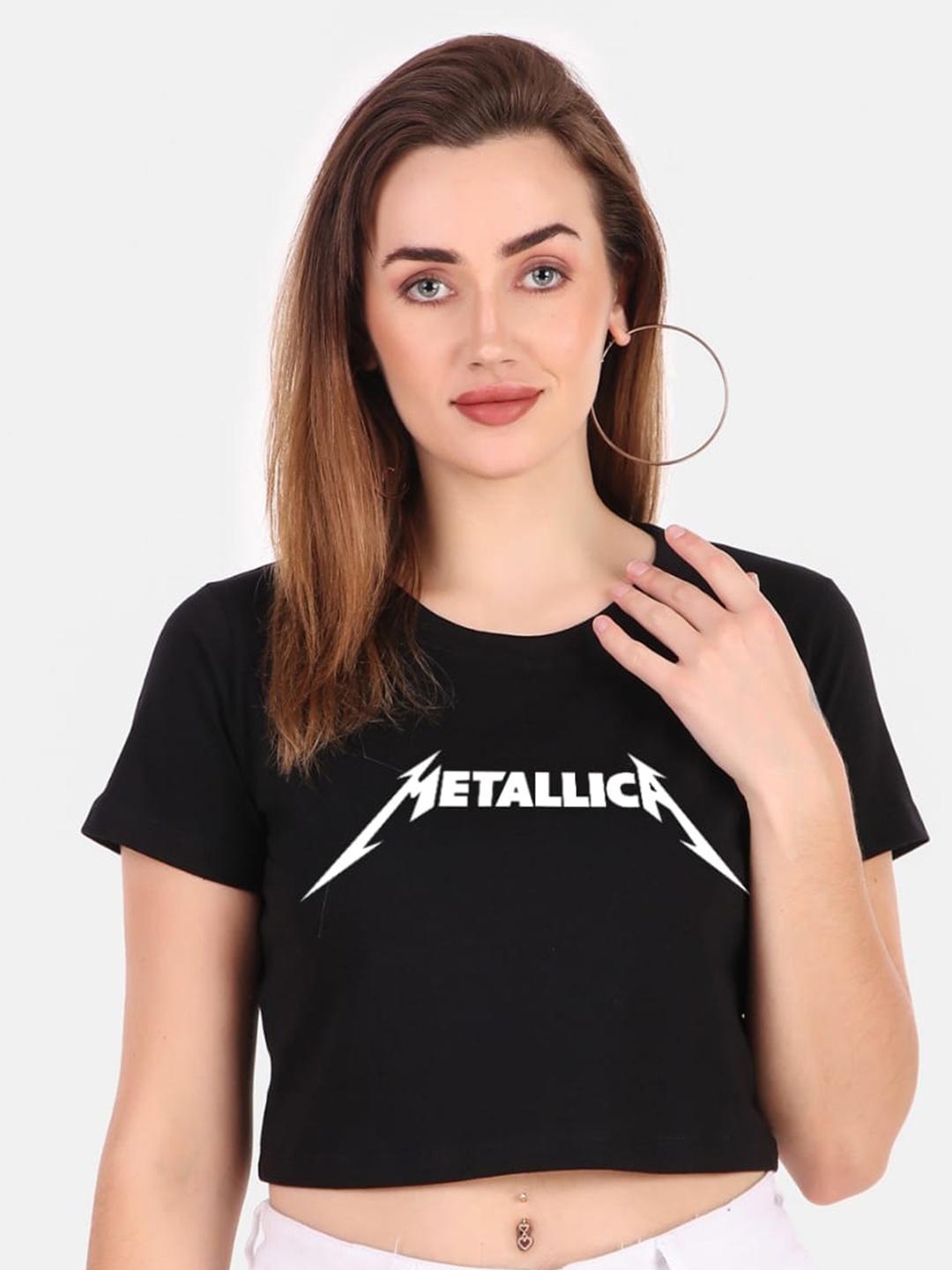 

TRENDY RABBIT Typography Printed Pure Cotton Crop T-Shirt, Black