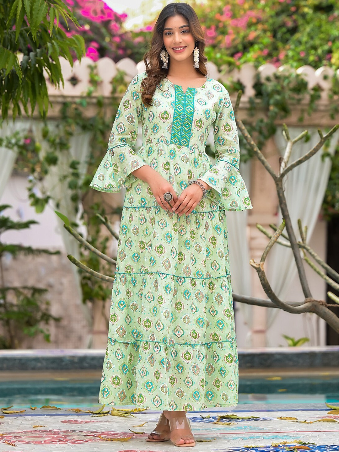 

NITVAN Ethnic Motifs Printed Bell Sleeves Tiered Ethnic Dress, Fluorescent green