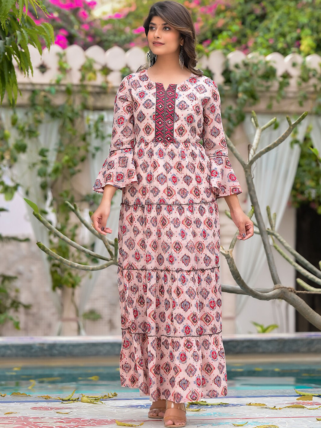 

NITVAN Ethnic Motifs Printed Bell Sleeves Ethnic Maxi Dress, Pink