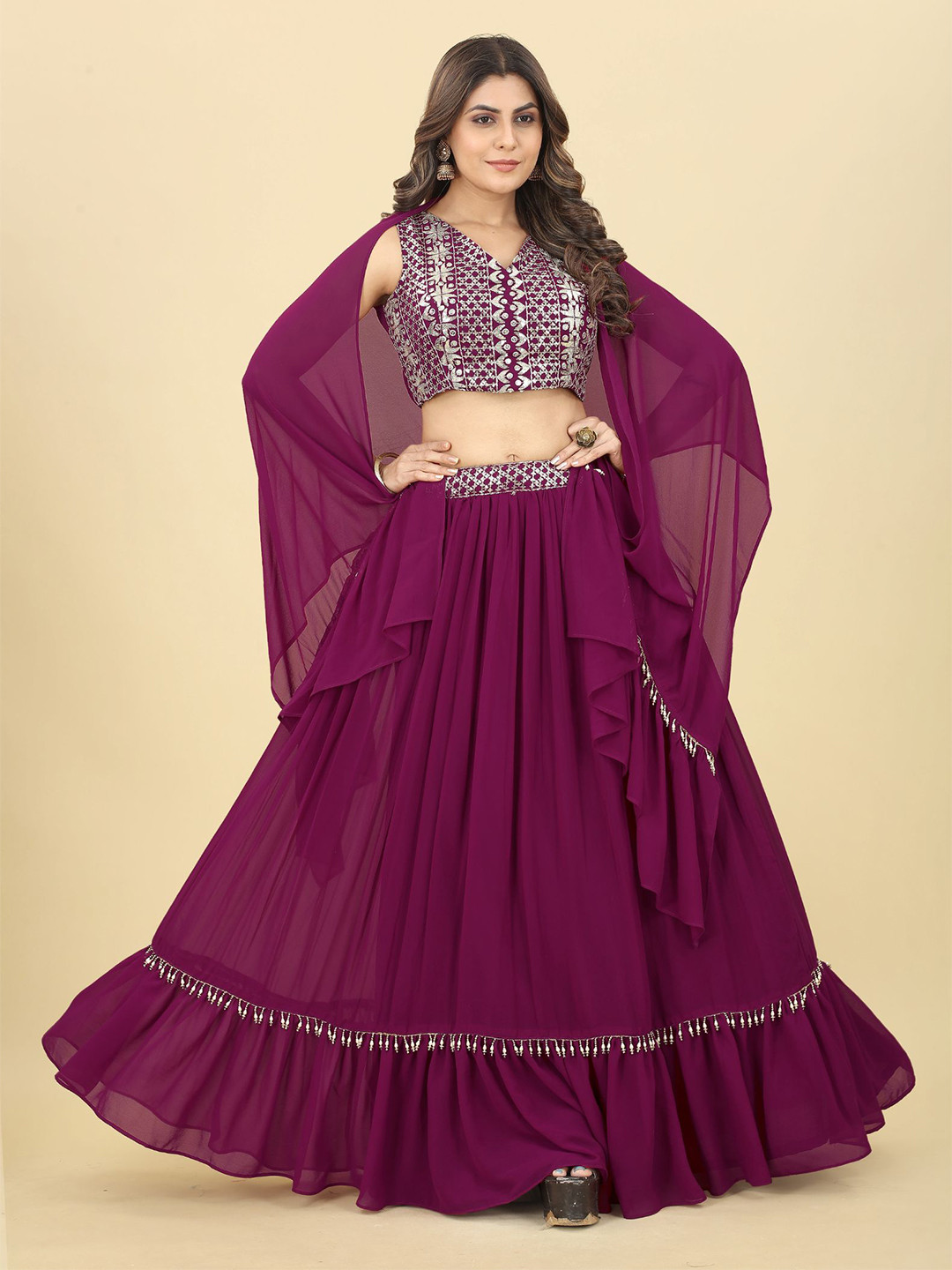 

KALINI Embroidered Ready to Wear Lehenga & Blouse With Dupatta, Burgundy