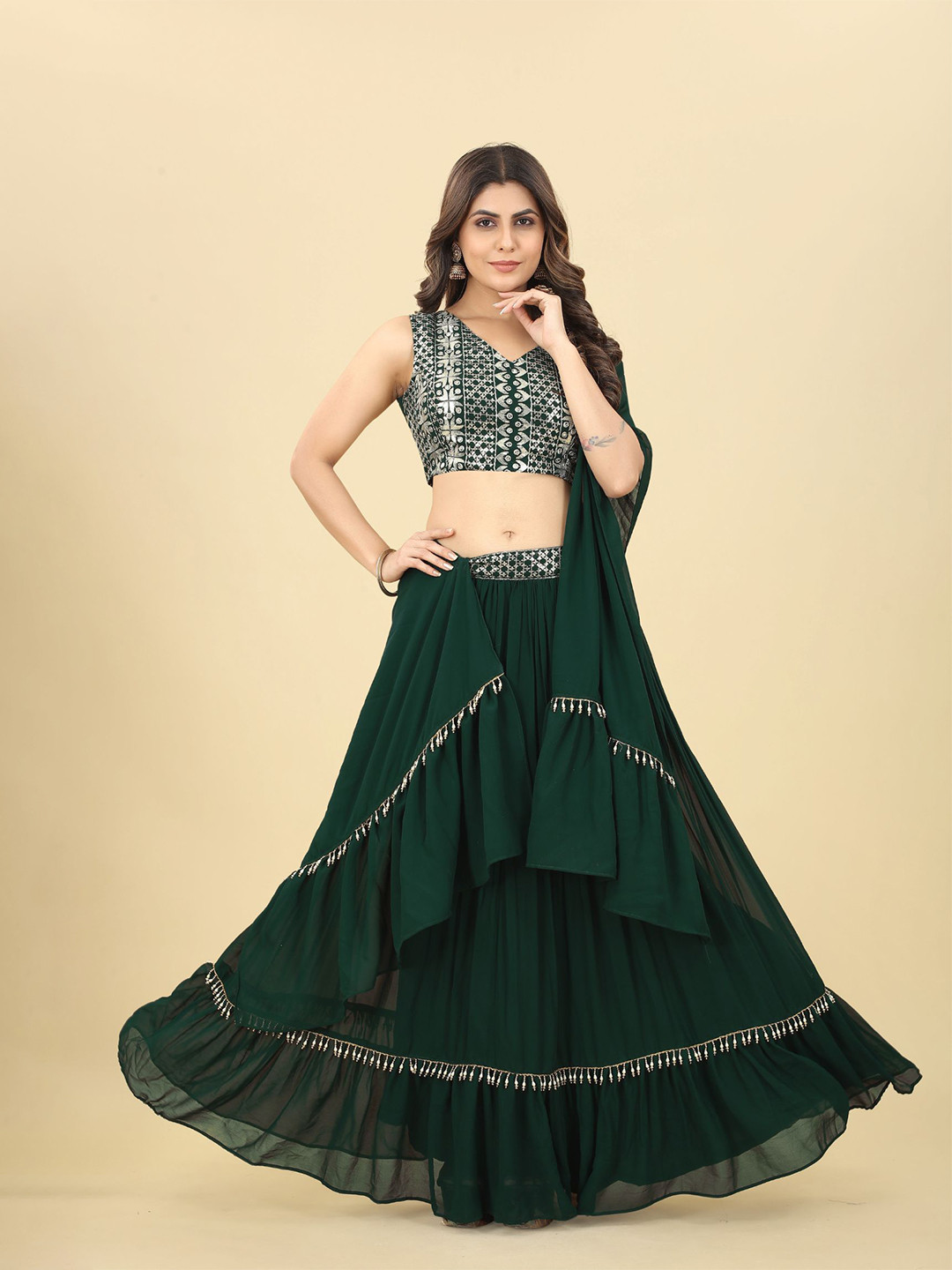 

KALINI Embroidered Ready to Wear Lehenga & Blouse With Dupatta, Green